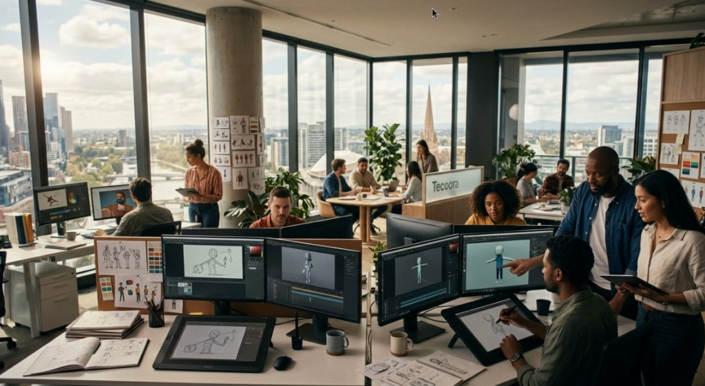 Explainer video company Melbourne creating 2D and 3D animated videos in a modern office.