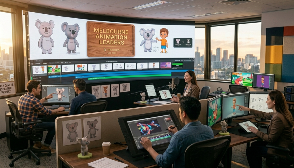 Team of animators creating 2D and 3D explainer videos in a professional Melbourne studio.