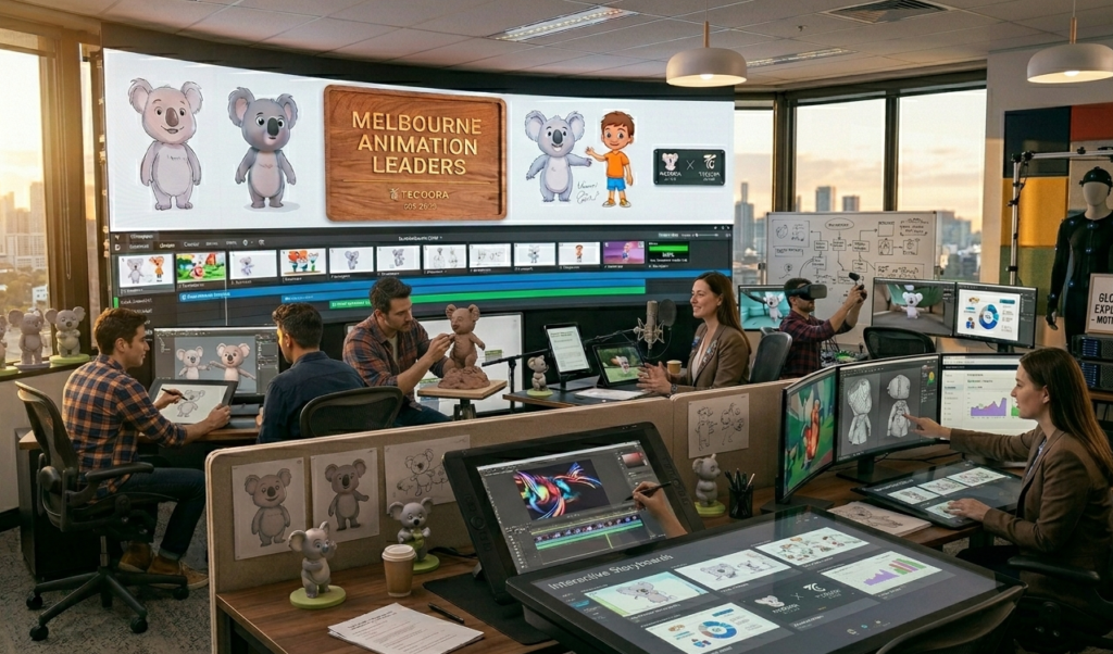 Team of animators creating 2D and 3D explainer videos in a professional Melbourne studio.